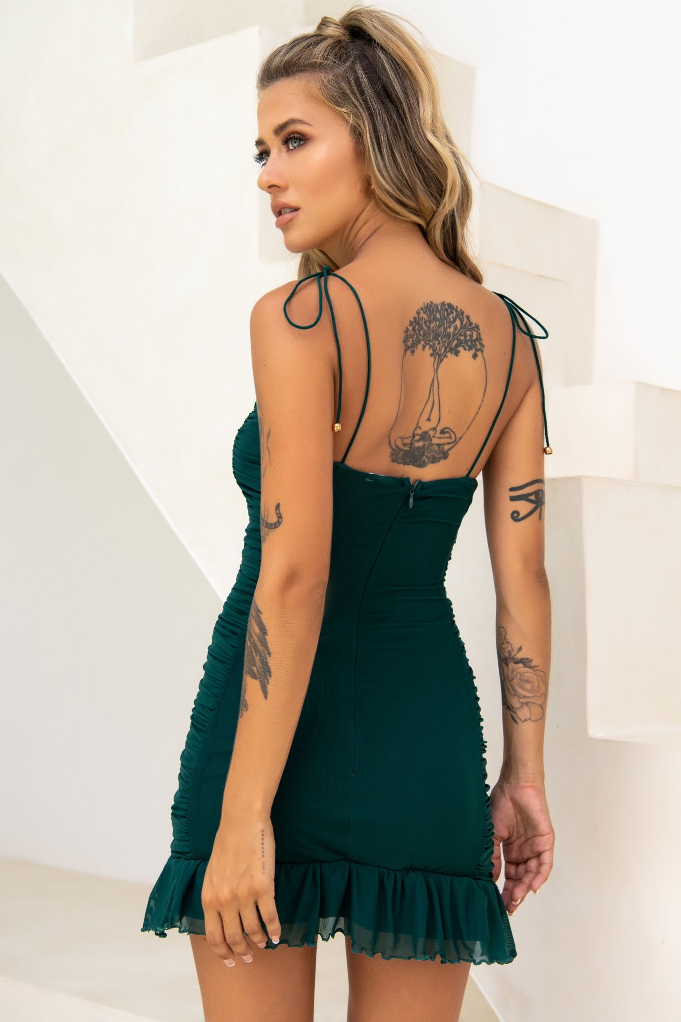 Bambi Ruched Mini Dress Forest Green