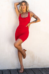 Arabella Ruched Wide Strap Bodycon Dress Red