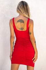 Arabella Ruched Wide Strap Bodycon Dress Red
