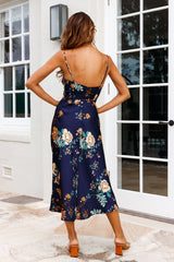 Suki Front Split Midi Dress Oriental Floral Print Navy