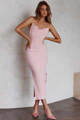 Frieda Cowl Neck Side Split Ribbed Midi Dress Blush
