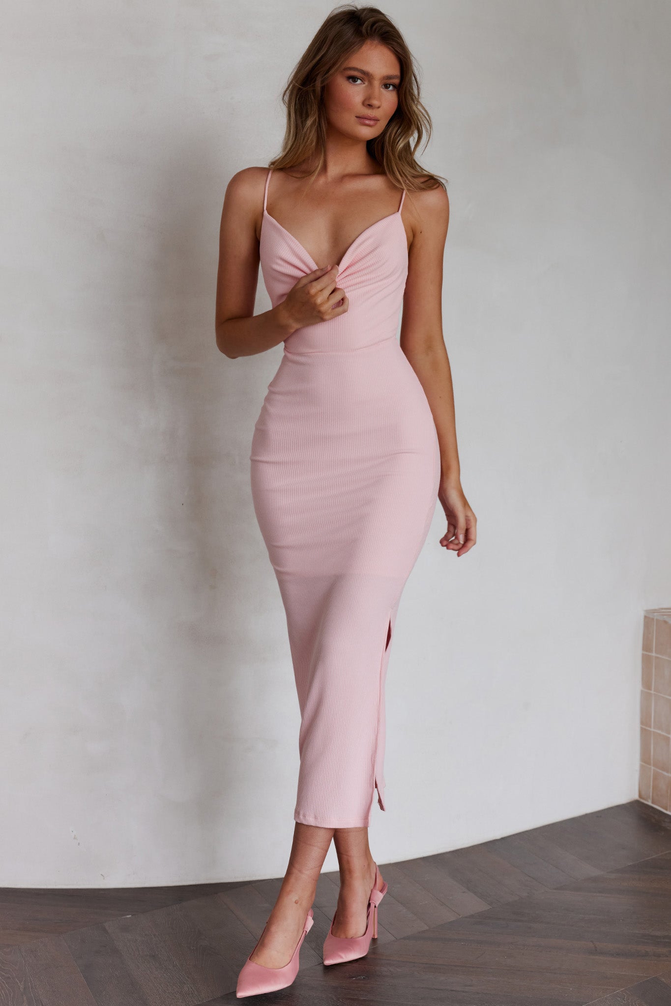 Frieda Cowl Neck Side Split Ribbed Midi Dress Blush