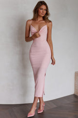 Frieda Cowl Neck Side Split Ribbed Midi Dress Blush
