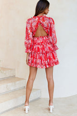 Laney Cutout Back Ruffle Detail Floral Dress Red