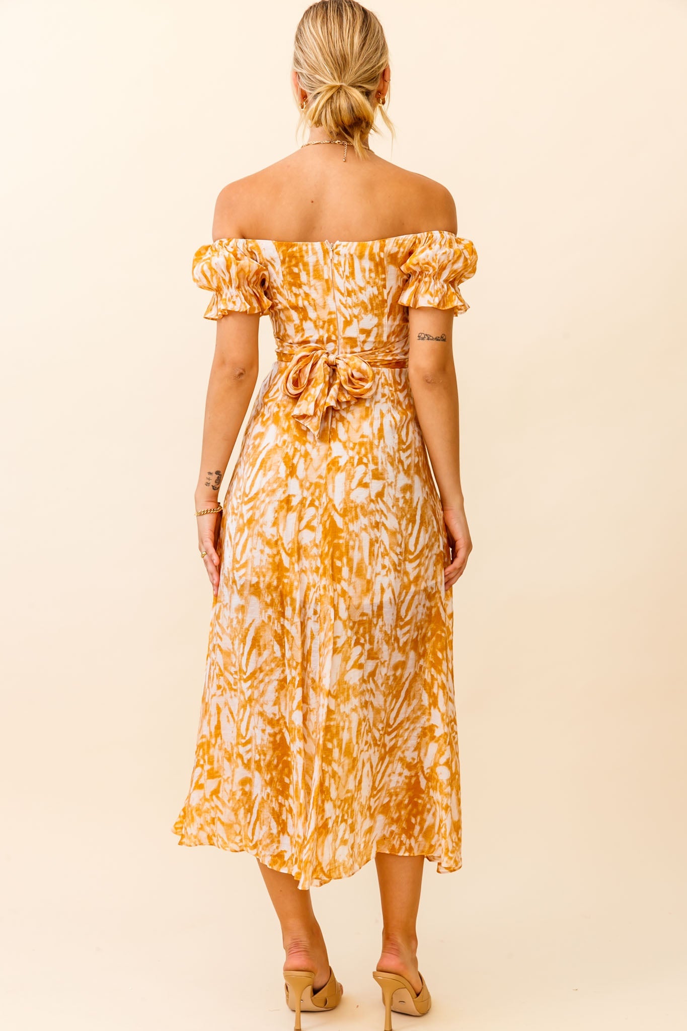 Linka Off-Shoulder Tie Back Midi Dress Printed Orange