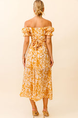 Linka Off-Shoulder Tie Back Midi Dress Printed Orange