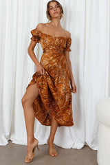 Linka Off-Shoulder Tie Back Midi Dress Marbled Print Mustard