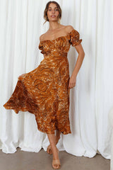 Linka Off-Shoulder Tie Back Midi Dress Marbled Print Mustard