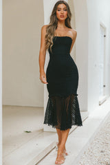 Zoey Lace Overlay Flounce Hem Midi Dress Black