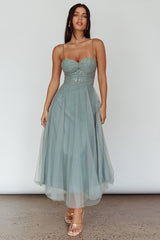 Smitten Lace Insert Tulle Midi Dress Sage
