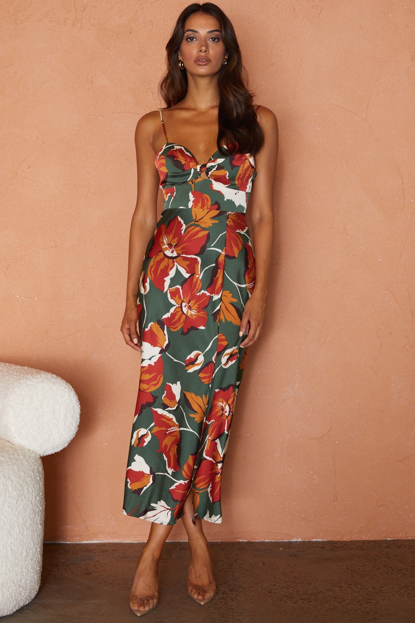 Missoula Cami Strap Padded Bust Midi Dress Floral Print Green