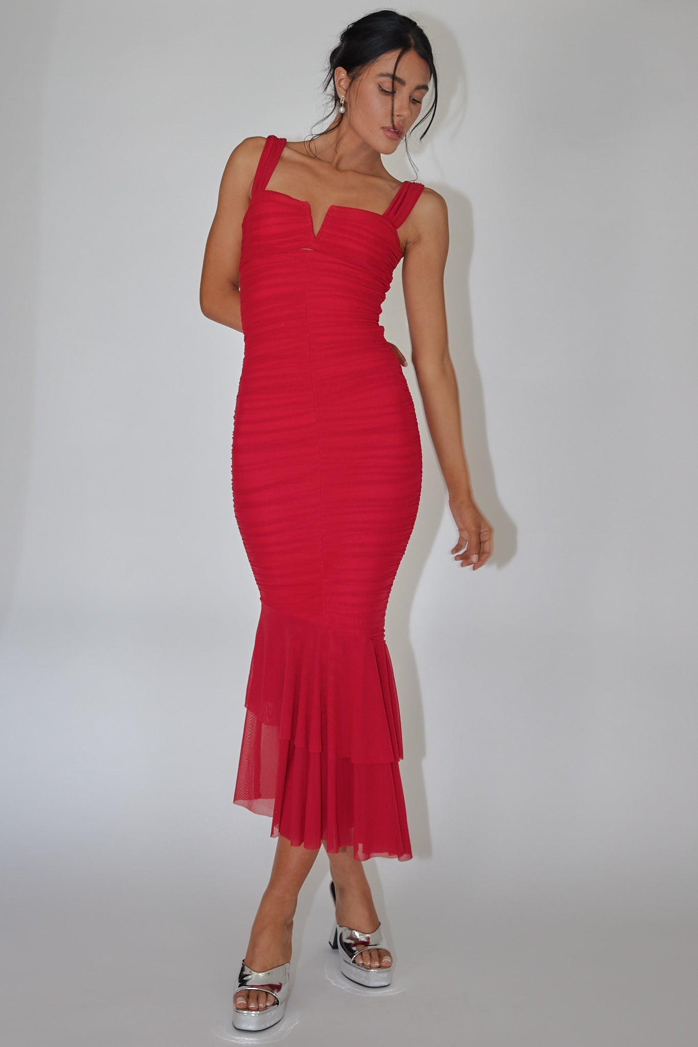 Nadia Ruched Fishtail Maxi Dress Red