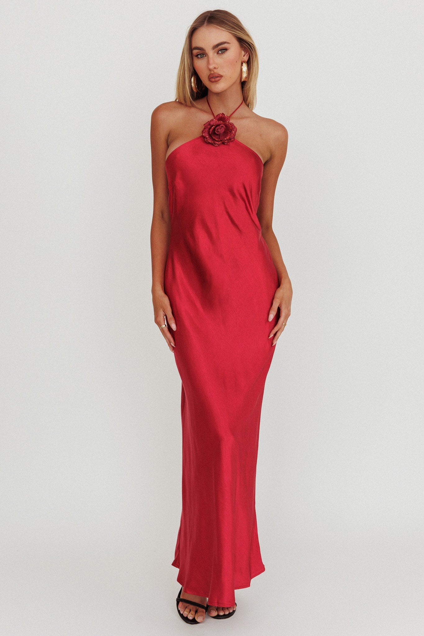 High Roller Flower Decoration Halter Dress Wine