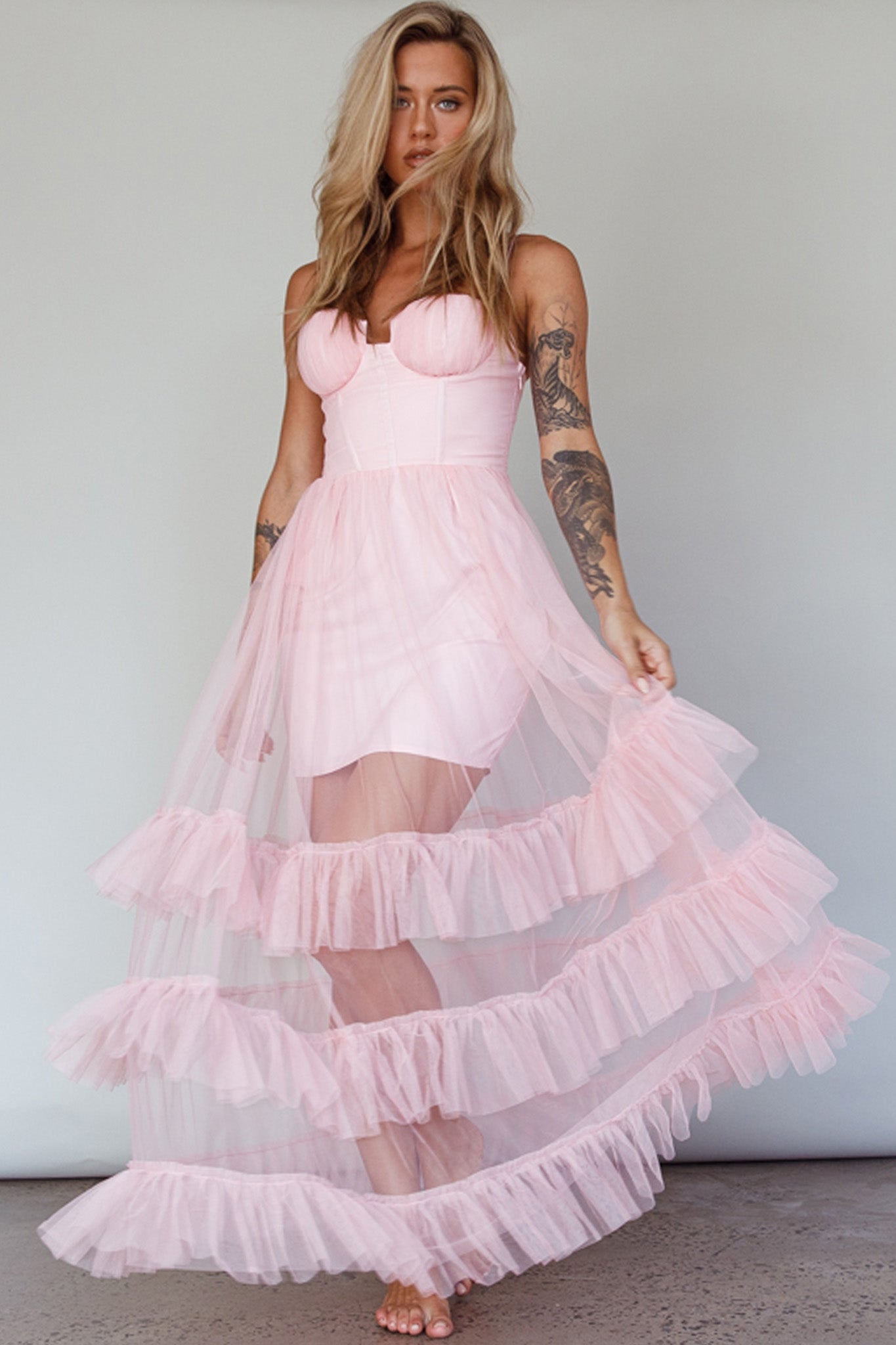 Moonlight Sonata Ruffle Mesh Maxi Dress Cameo Pink