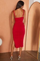 Over The Horizon Thick Strap Ruched Midi Dress Red