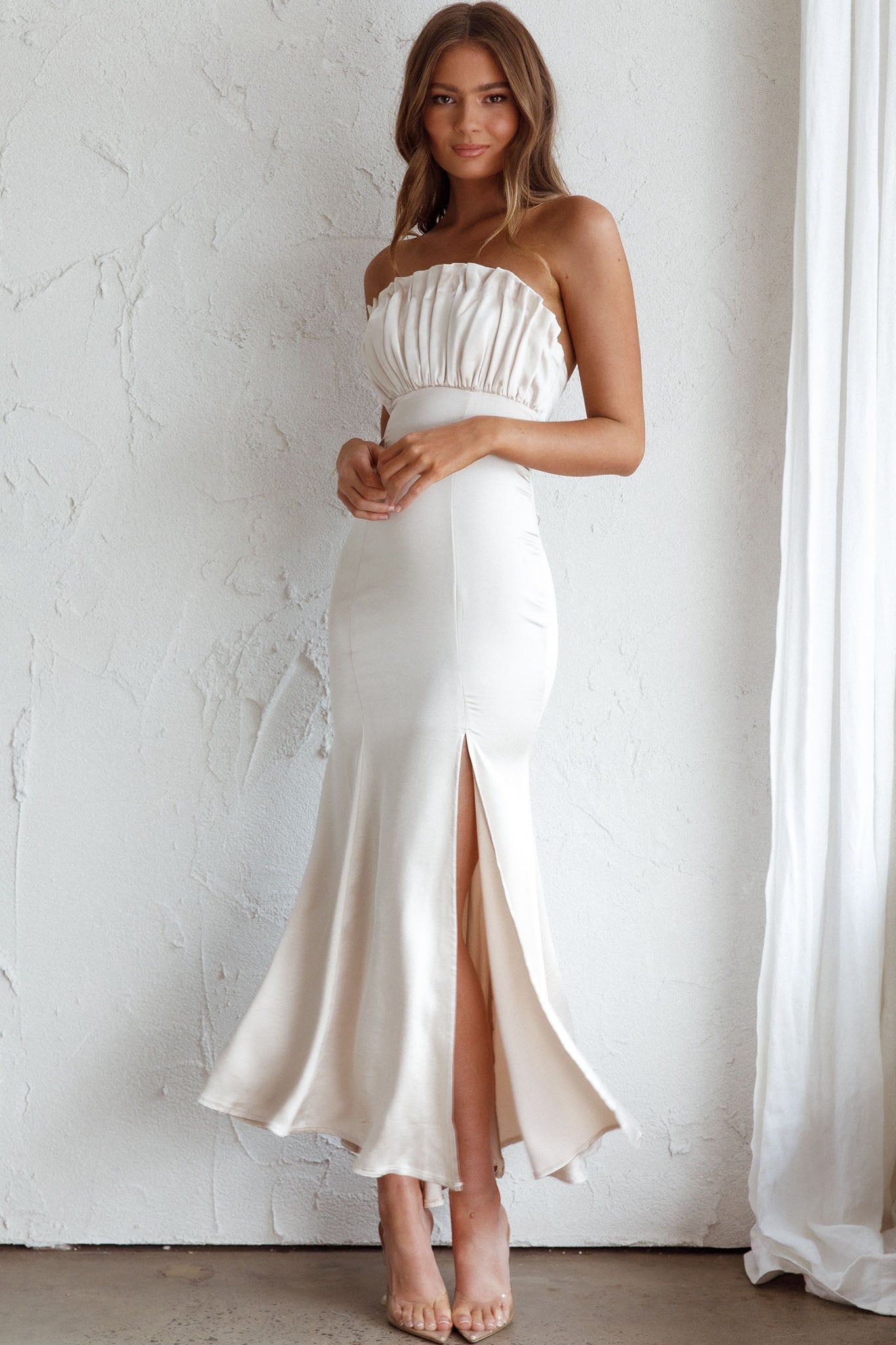 Tivoli Strapless Gathered Bust Midi Dress Champagne