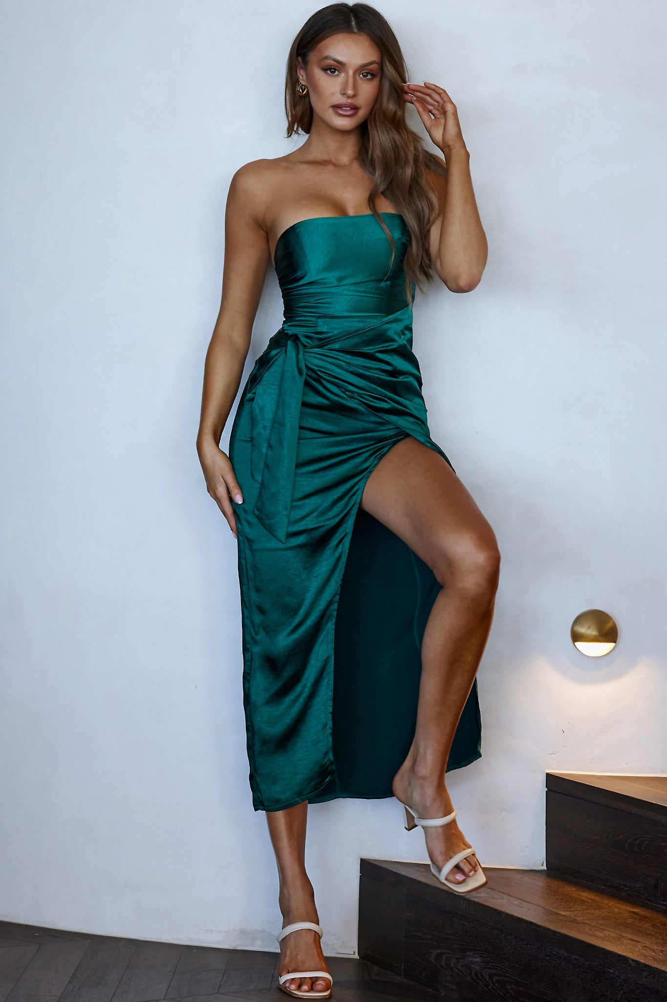 Gianna Strapless Waist Tie Midi Dress Forest Green
