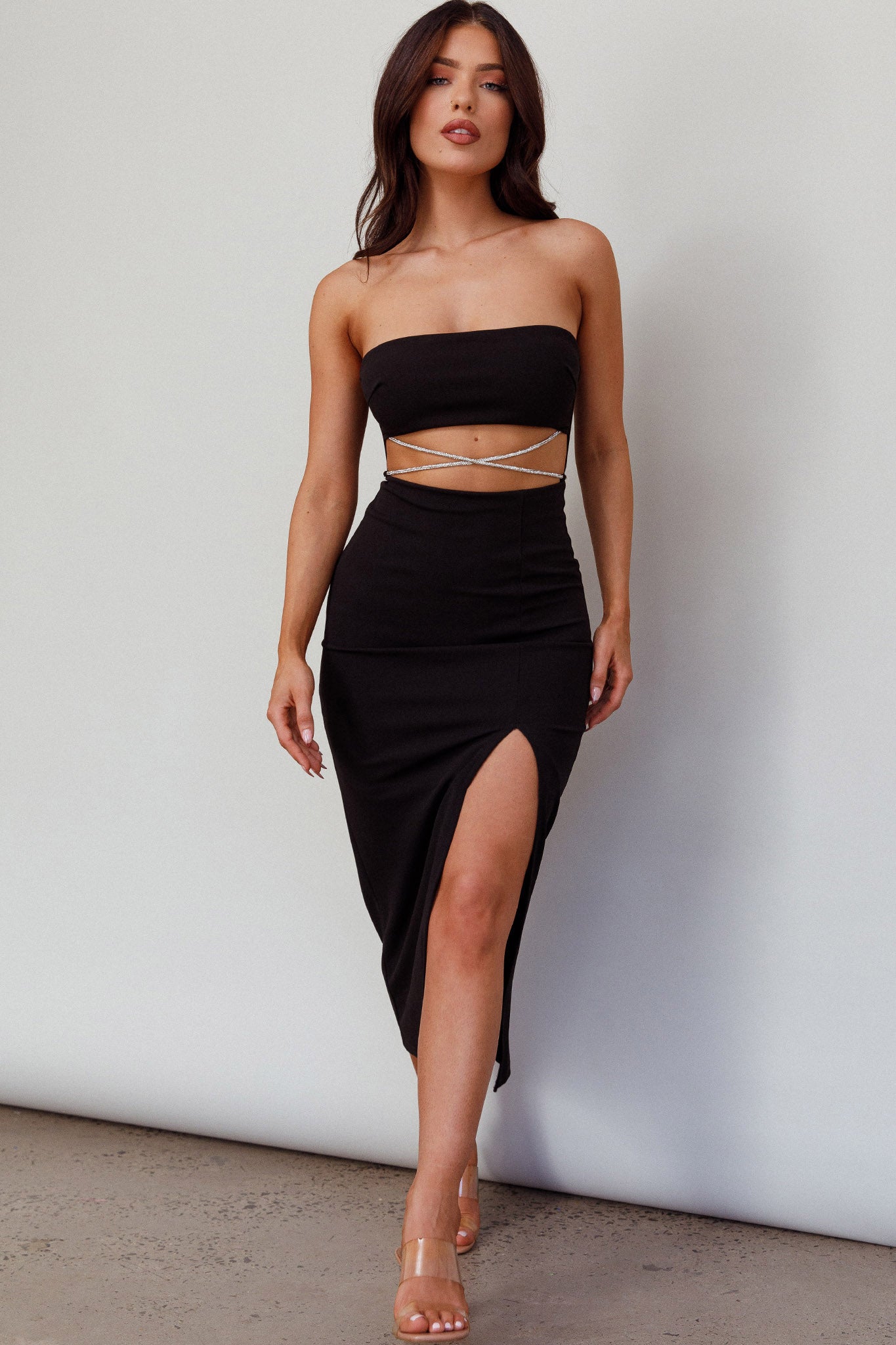 Nohemi Strapless Diamante Midi Dress Black