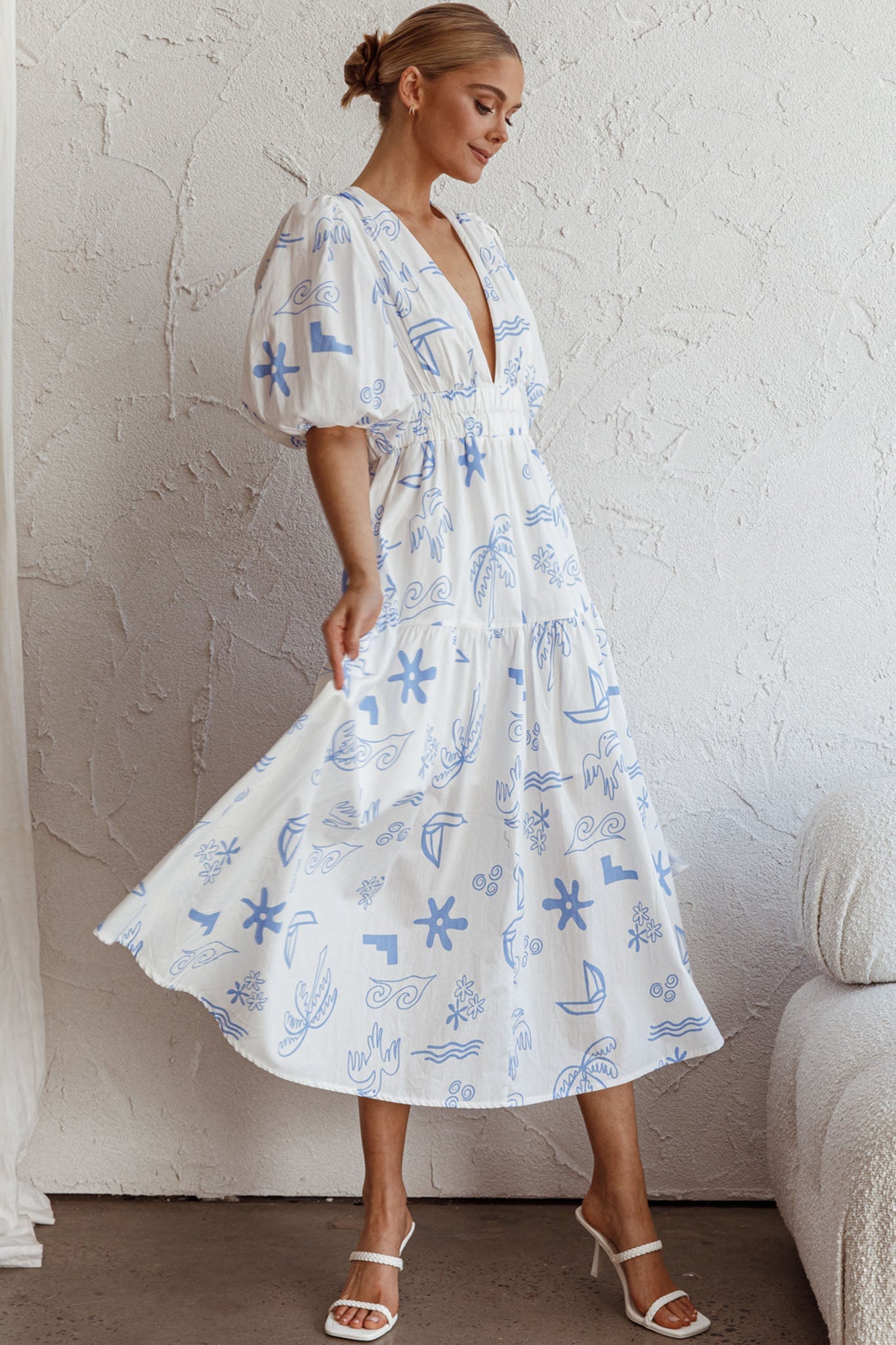 Summer Land V-Neckline Midi Dress Printed White
