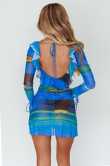 Bohemia Tied Bust Long Sleeve Dress Blue