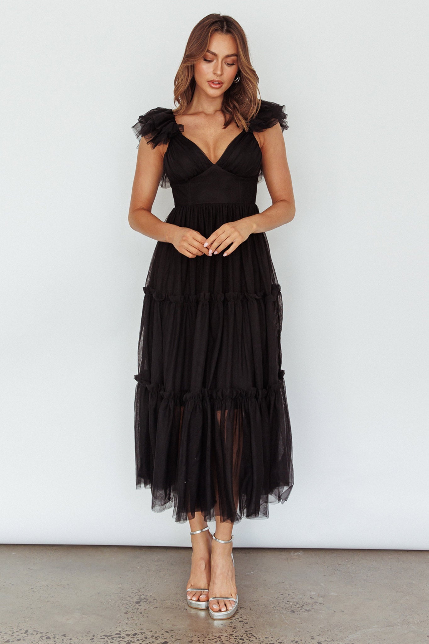 Amal Ruffle Shoulder Tulle Midi Dress Black