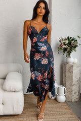 Downtown Cami Strap Front Split Midi Dress Oriental Flower Print Forest Green
