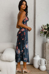 Downtown Cami Strap Front Split Midi Dress Oriental Flower Print Forest Green