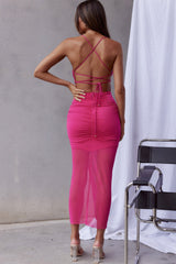Discoteque Tie-Up Back Ruched Mesh Maxi Dress Hot Pink