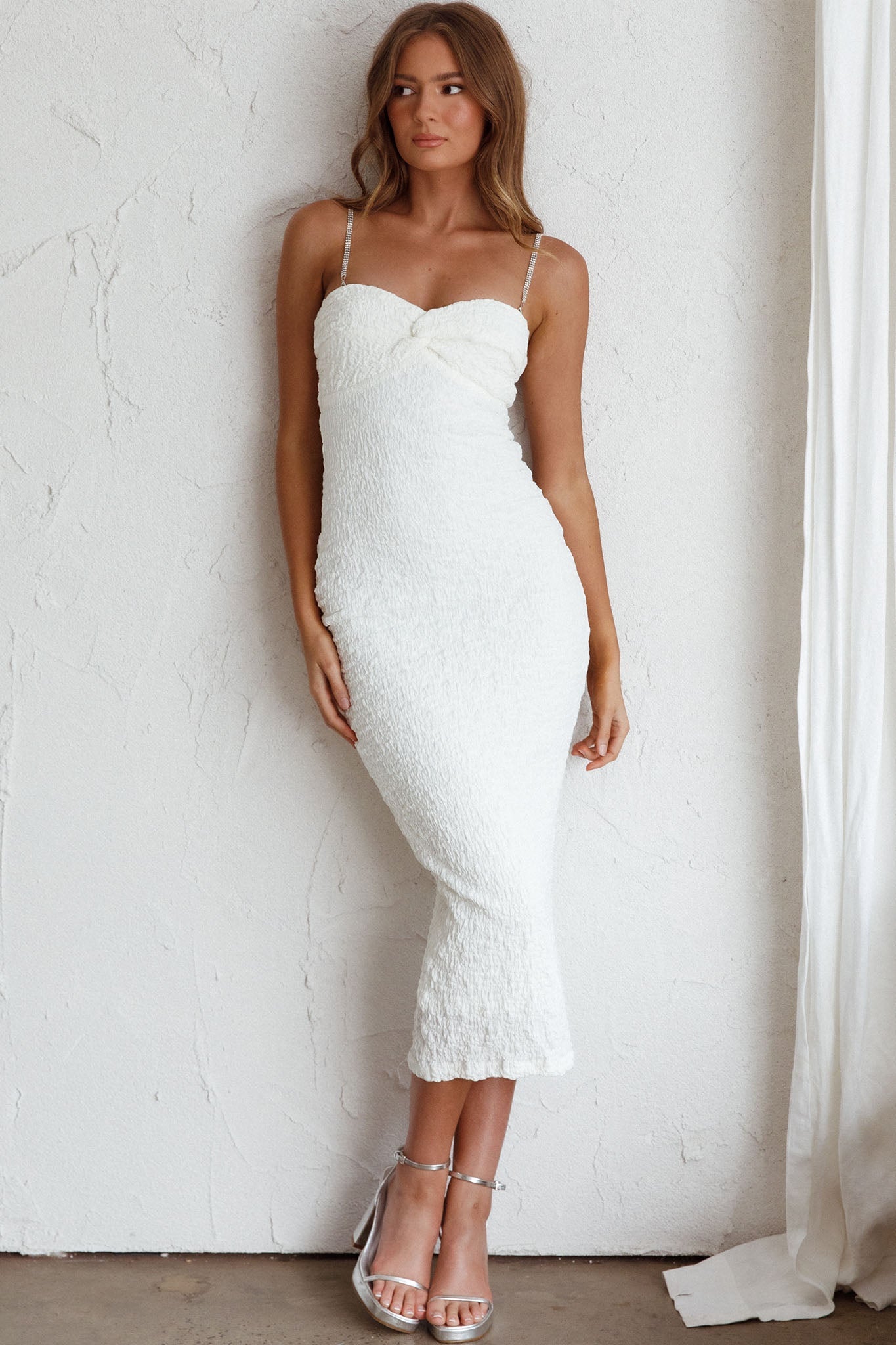 Tiffani Diamante Strap Midi Dress White