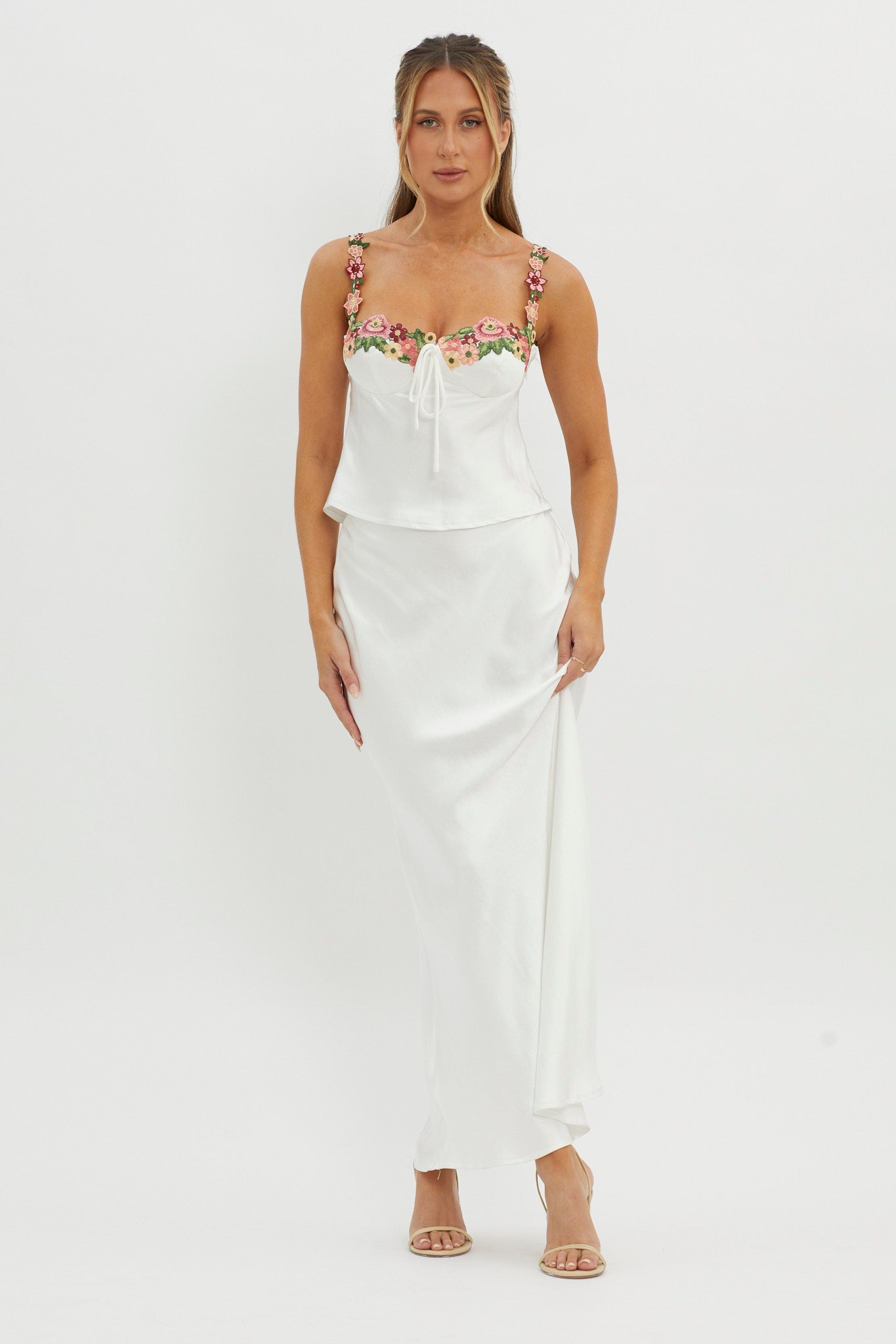 Rose Garden Satin Maxi Skirt White
