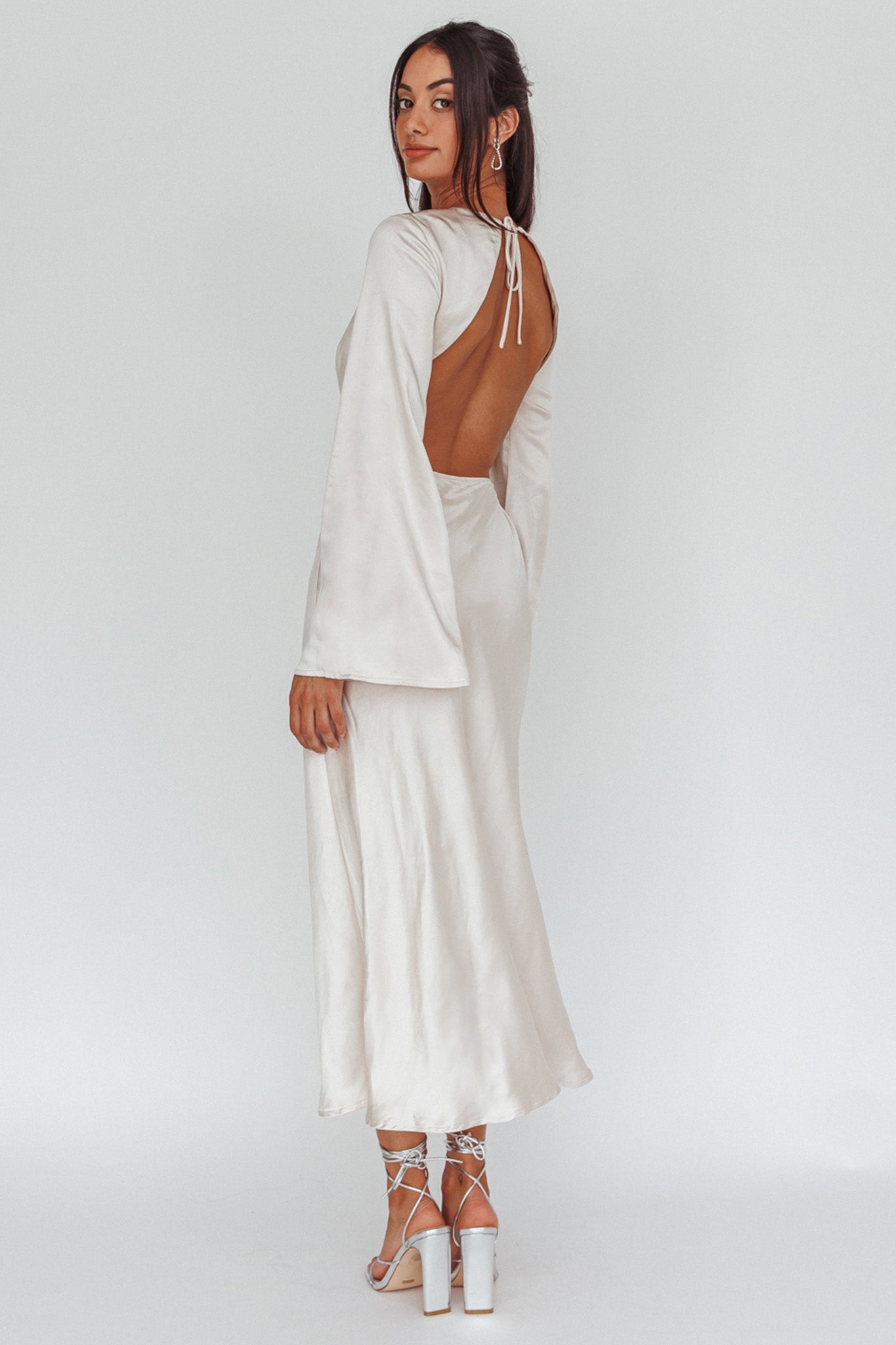 Doting Bell Sleeve Cut-Out Midi Dress Champagne
