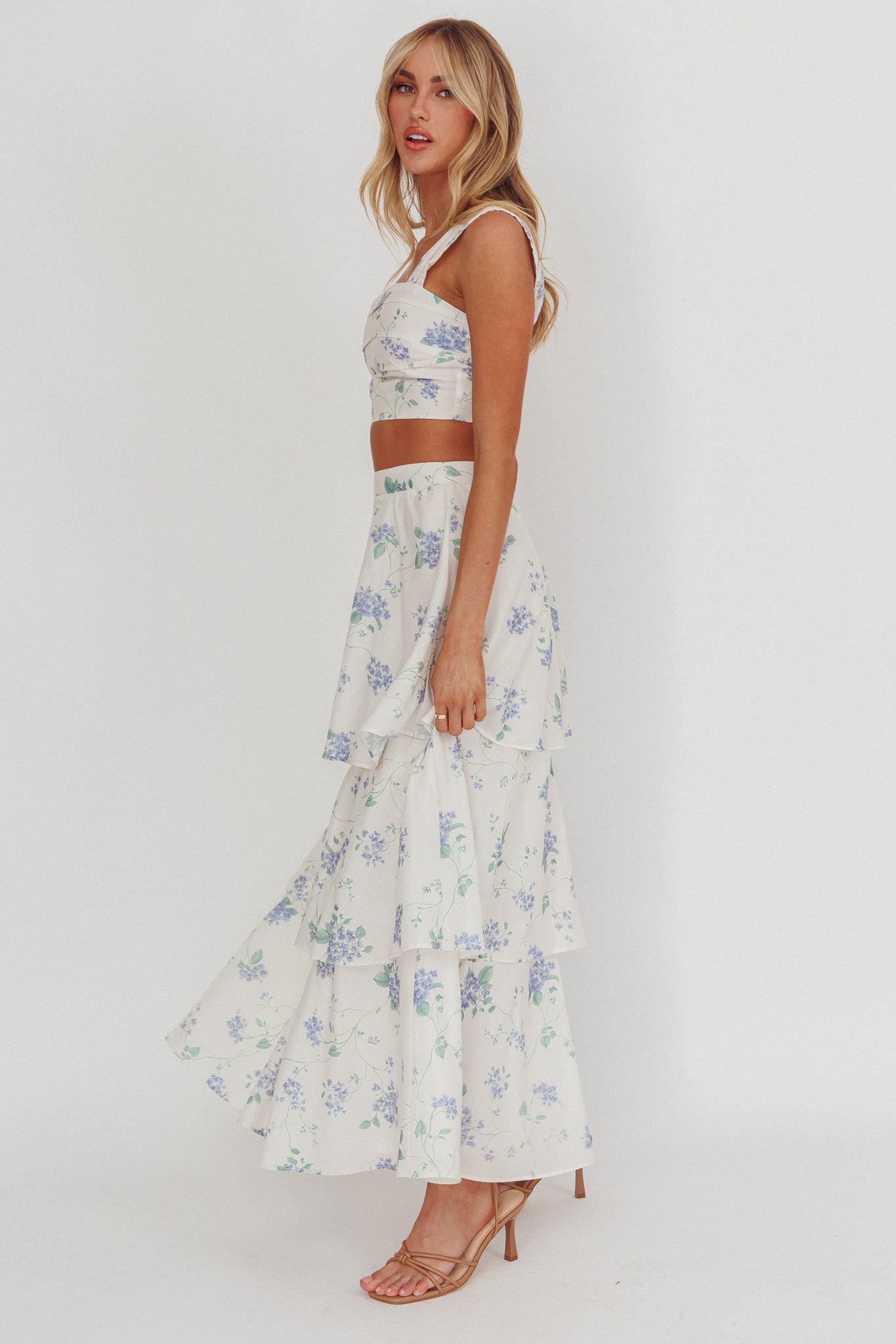 Dixon Tiered Maxi Skirt Floral Beige