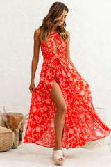 Athena High Split Maxi Dress Floral Print Red