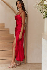 Hey Girl Long Satin Cowl Neck Dress Red