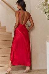Hey Girl Long Satin Cowl Neck Dress Red